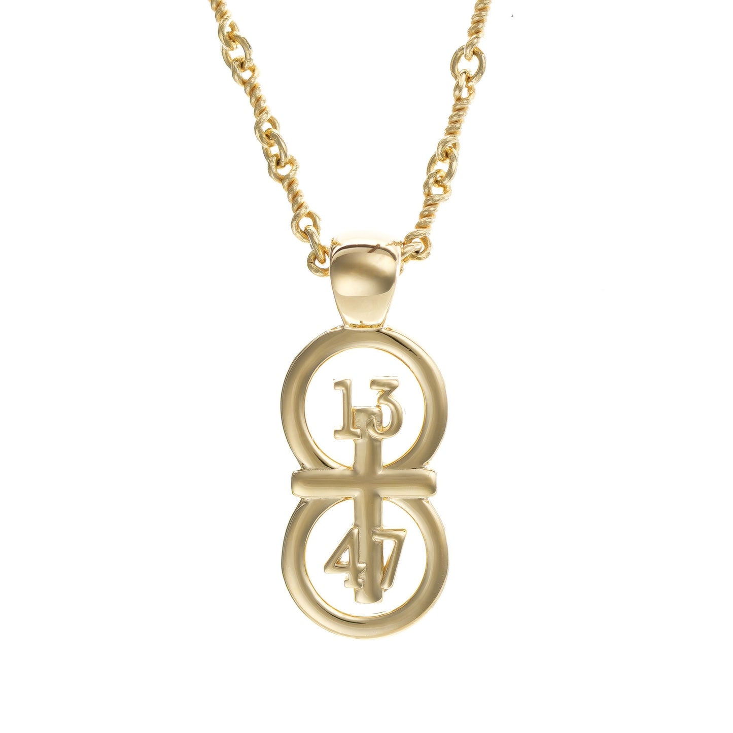 Gold small and large pendants displayed on a white background with the satellite chain paired with the small pendant and our rolo chain paired with the larger pendant.  The RIYAN 29 and 11® pendant has the numbers 13, 4, and 4 intertwined with the cross to represent 1 Corinthians 13:4-7 with the chapter word "1 Corinthians" inscribed on the back.