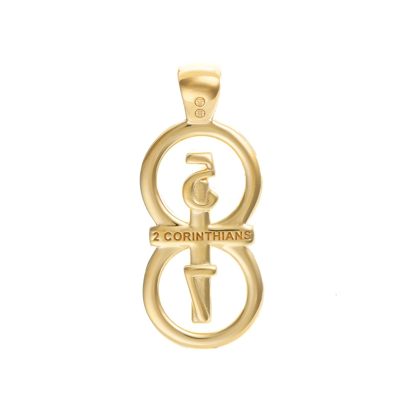 The RIYAN 29 and 11® pendant has the numbers 5 and 7 intertwined with the cross to represent 2 Corinthians 5:7 with the chapter name "2 Corinthians" inscribed on the back.  