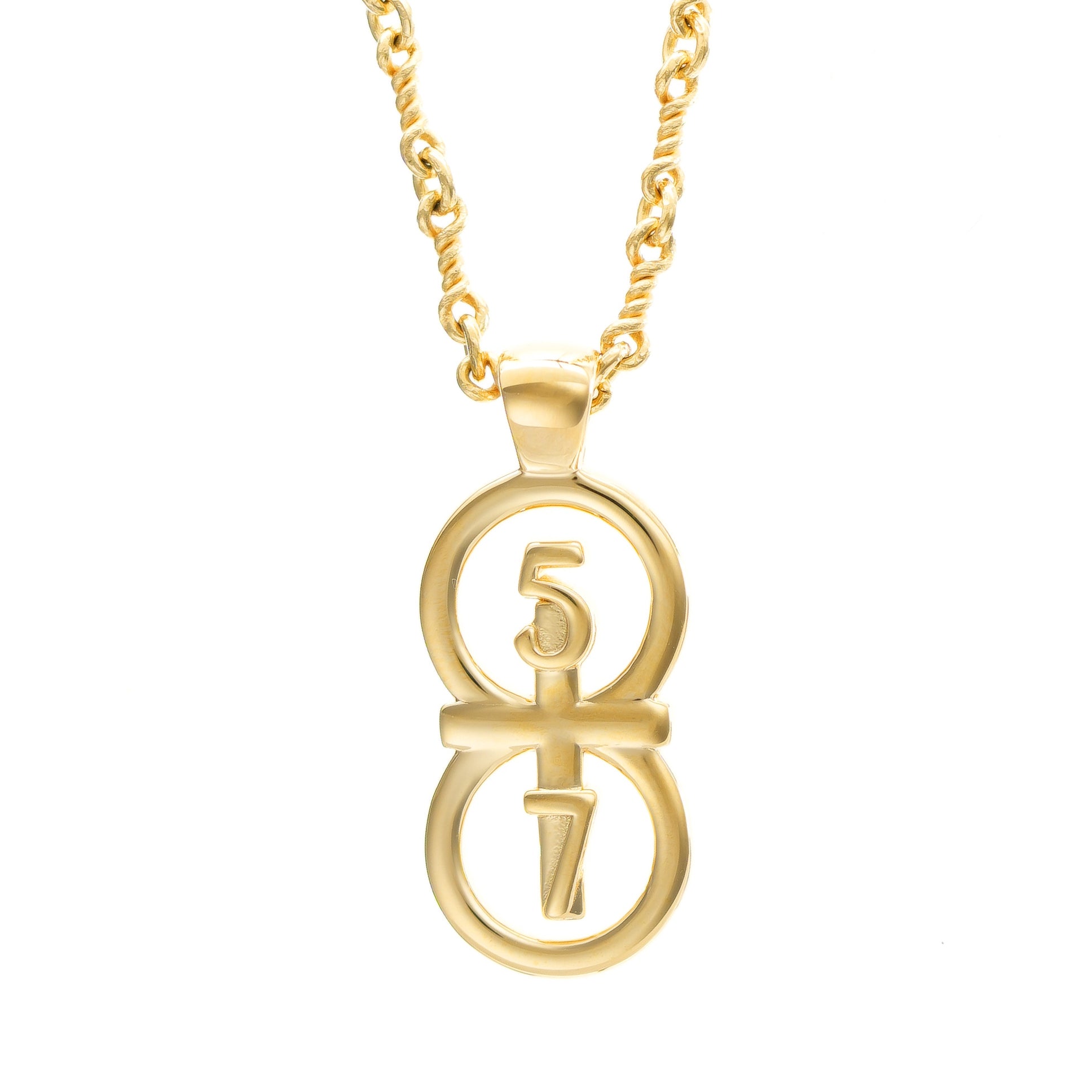 The RIYAN 29 and 11® pendant has the numbers 5 and 7 intertwined with the cross to represent 2 Corinthians 5:7 with the chapter name "2 Corinthians" inscribed on the back.  