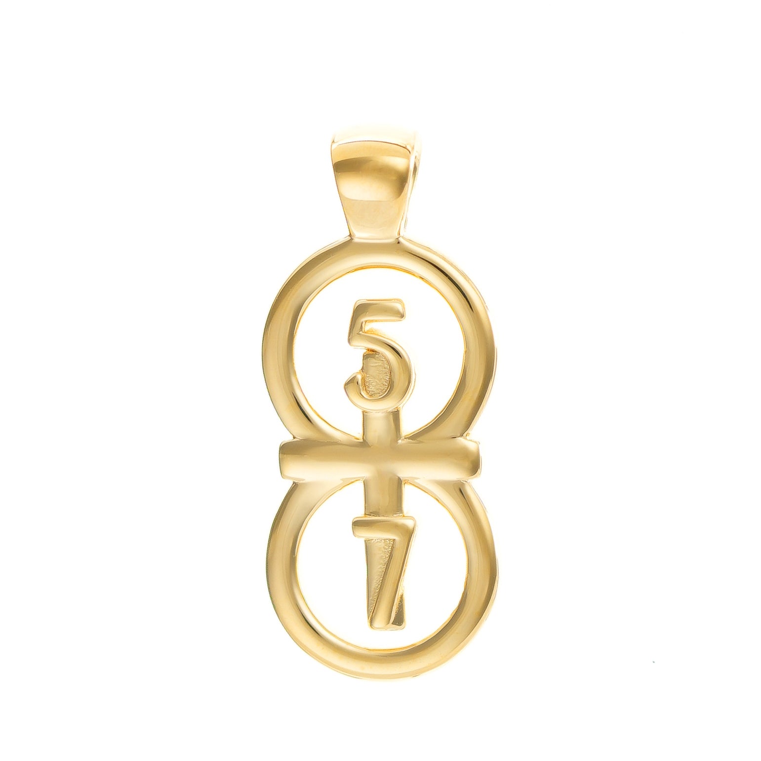 The RIYAN 29 and 11® pendant has the numbers 5 and 7 intertwined with the cross to represent 2 Corinthians 5:7 with the chapter name "2 Corinthians" inscribed on the back.  