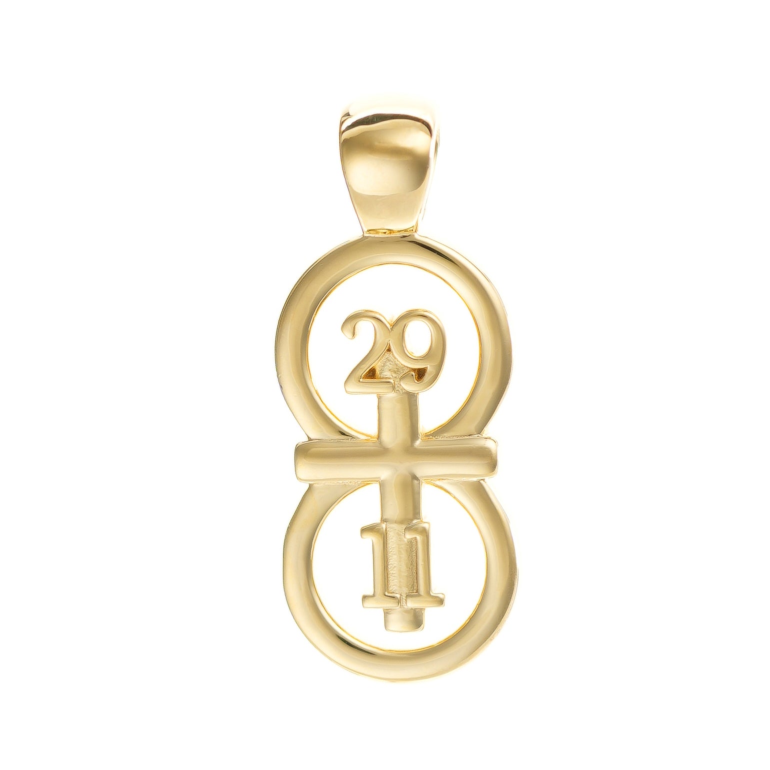 The RIYAN 29 and 11® pendant has the numbers 29 and 11 intertwined with the cross to represent Jeremiah 29:11 with the chapter word "Jeremiah" inscribed on the back. 