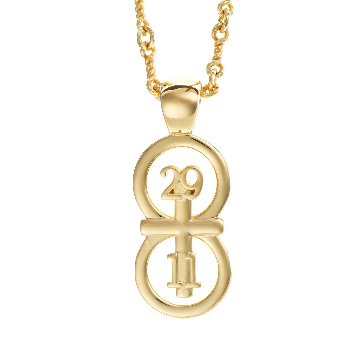 The RIYAN 29 and 11® pendant has the numbers 29 and 11 intertwined with the cross to represent Jeremiah 29:11 with the chapter word "Jeremiah" inscribed on the back. 