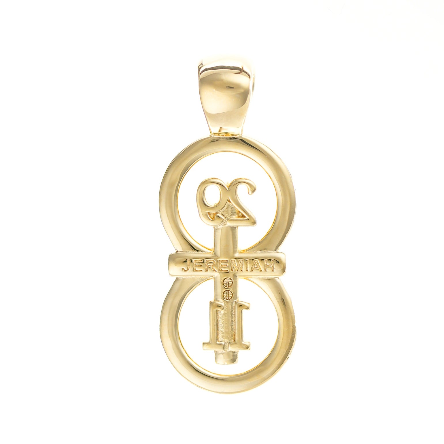 The RIYAN 29 and 11® pendant has the numbers 29 and 11 intertwined with the cross to represent Jeremiah 29:11 with the chapter word "Jeremiah" inscribed on the back. 