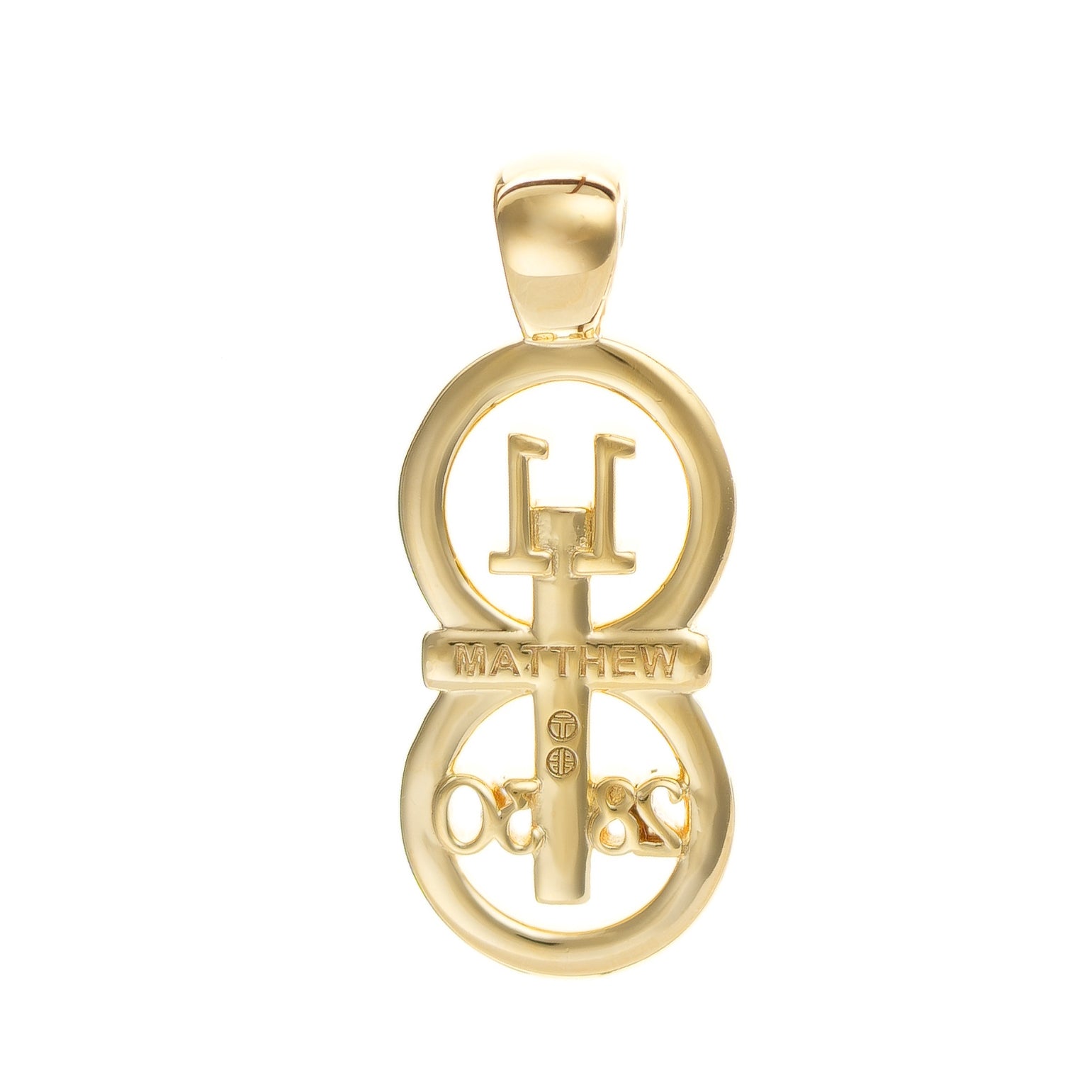 The RIYAN 29 and 11® pendant has the numbers 11, 28, and 30 intertwined with the cross to represent Matthew 11:28-30 with the chapter word "Matthew" inscribed on the back.