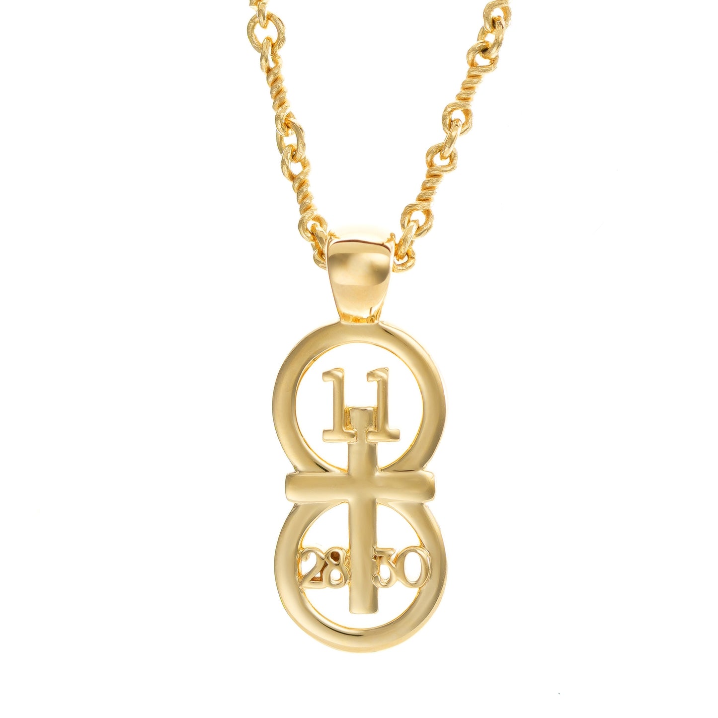 The RIYAN 29 and 11® pendant has the numbers 11, 28, and 30 intertwined with the cross to represent Matthew 11:28-30 with the chapter word "Matthew" inscribed on the back.