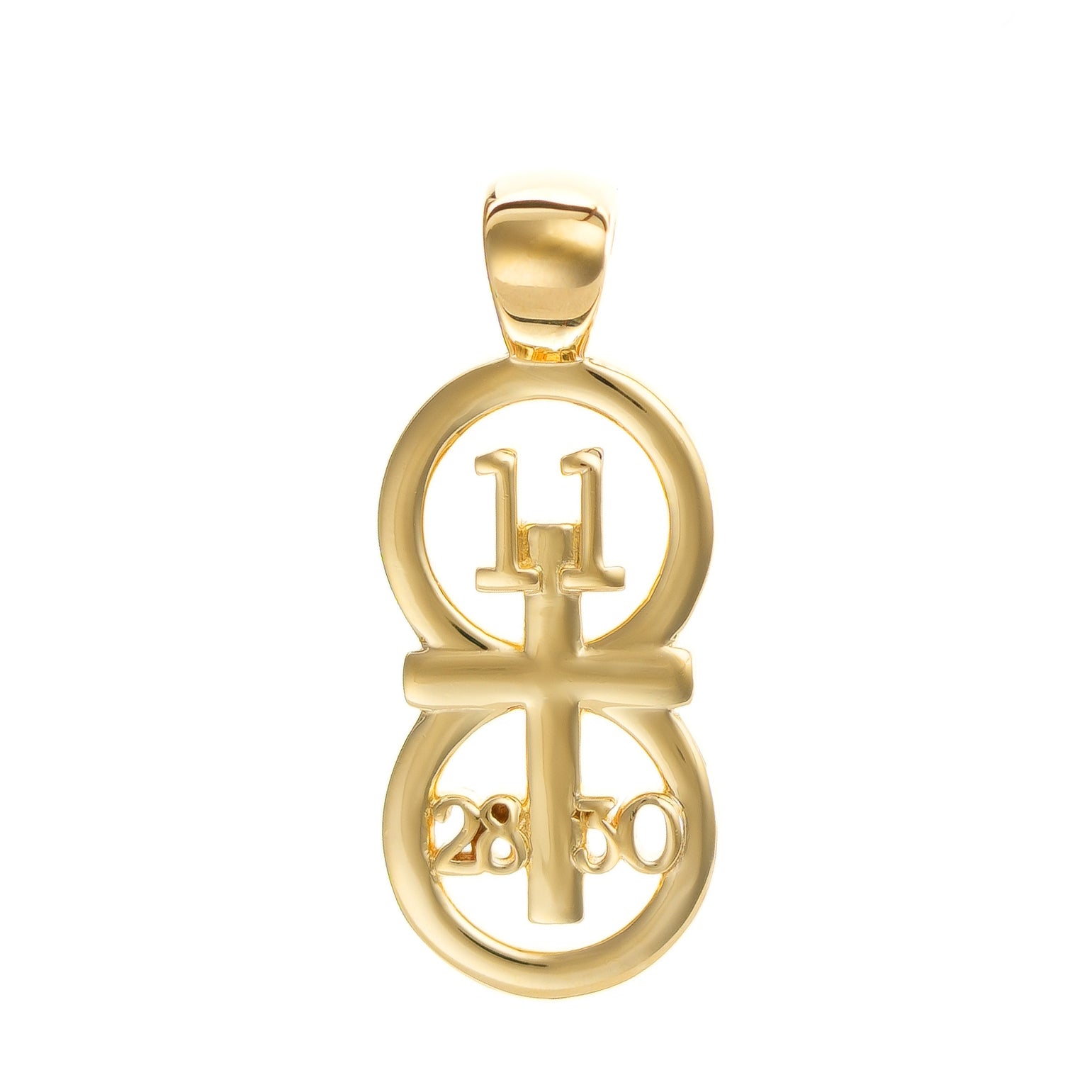 The RIYAN 29 and 11® pendant has the numbers 11, 28, and 30 intertwined with the cross to represent Matthew 11:28-30 with the chapter word "Matthew" inscribed on the back.