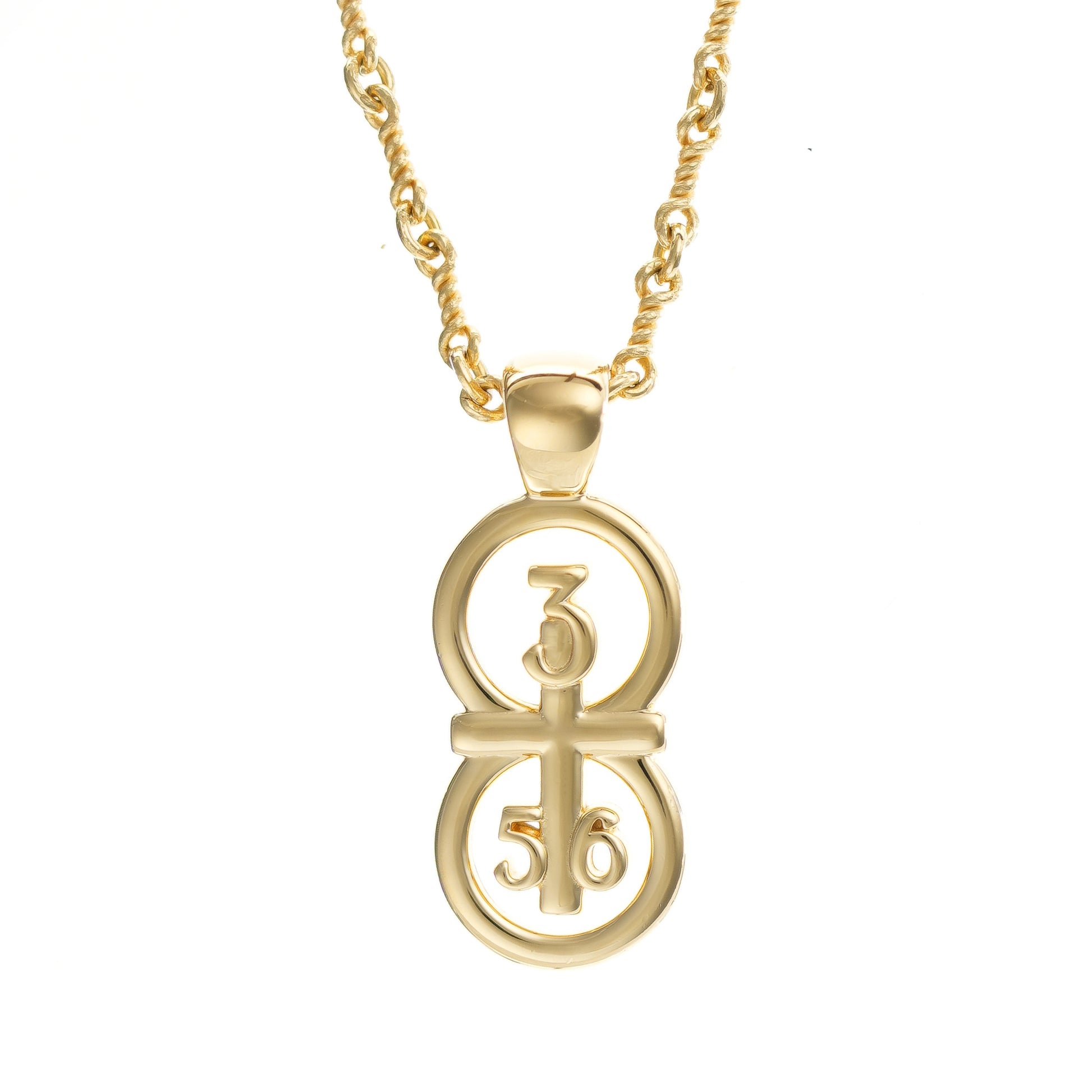 Our gold Riyan pendant has the numbers 3, 5, and 6 intertwined with the cross to represent Proverbs 3:5-6 with the chapter word "Proverbs" inscribed on the back.