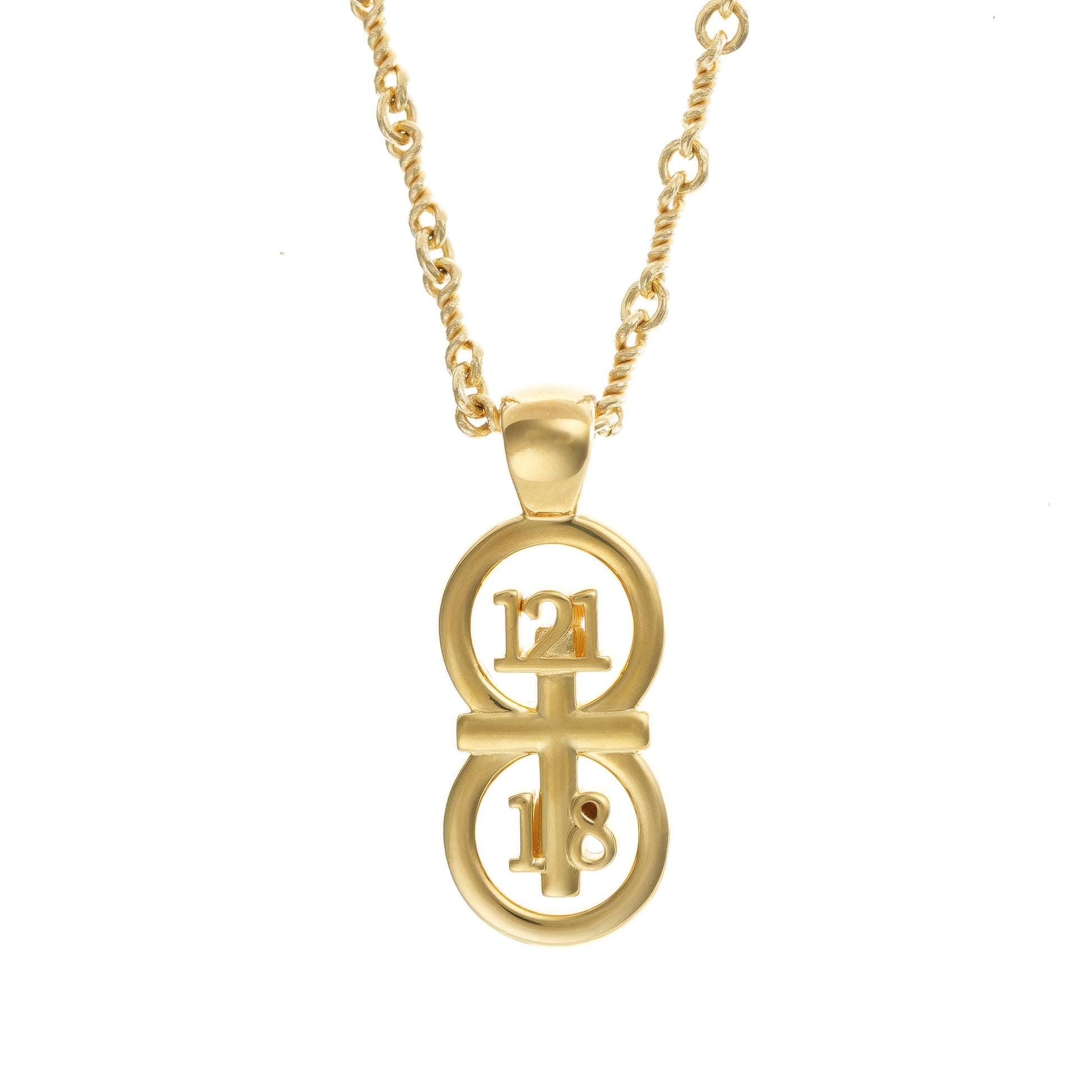 The RIYAN 29 and 11® pendant has the numbers 121, 1, and 8 intertwined with the cross to represent Psalm 121:1-8 with the chapter word "Psalm" inscribed on the back. 