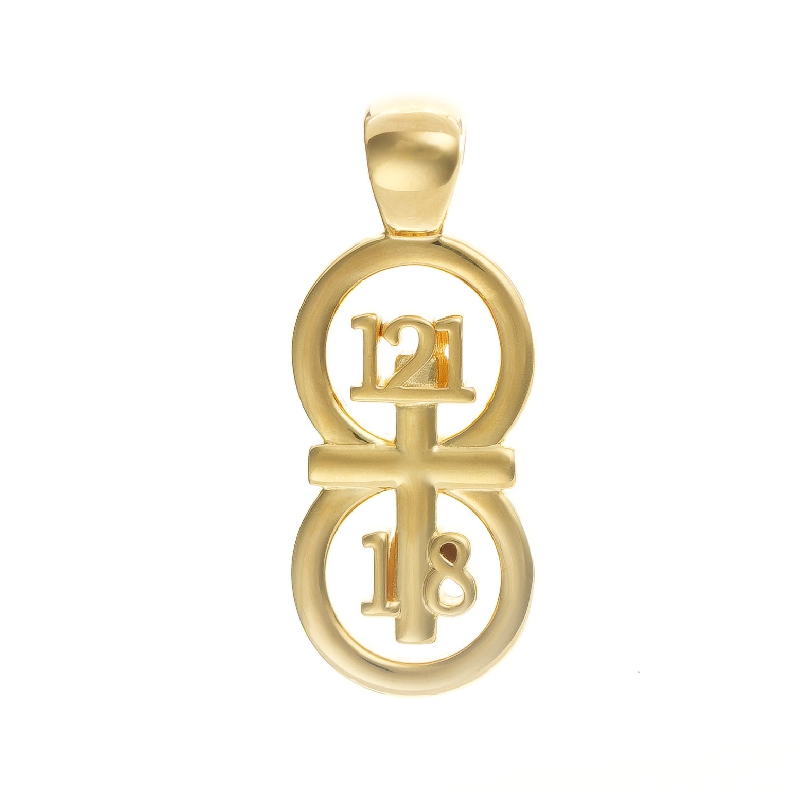 The RIYAN 29 and 11® pendant has the numbers 121, 1, and 8 intertwined with the cross to represent Psalm 121:1-8 with the chapter word "Psalm" inscribed on the back. 