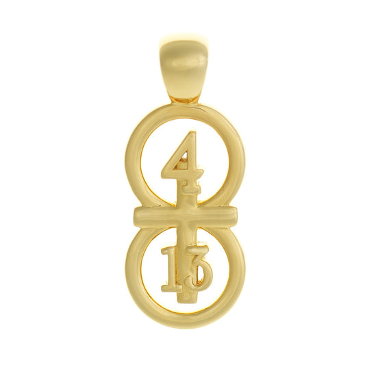 Closeup of our Gold pendant on white background.  Our 29 and 11® pendant has the numbers 4 and 13 intertwined with the cross to represent Philippians 4:13 with the chapter word "Philippians" inscribed on the back.