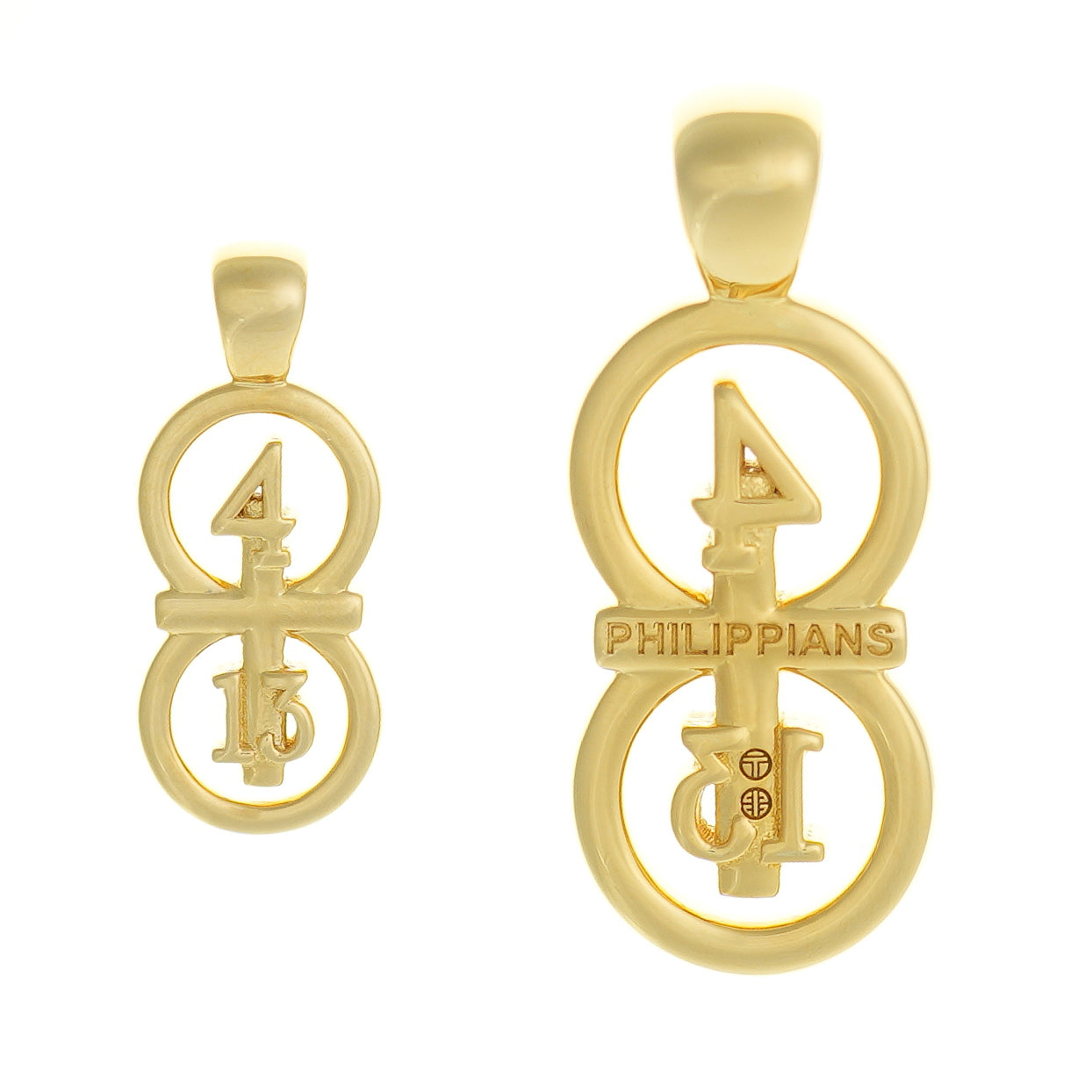 This image shows our small and large pendants side by side. This picture gives a good size comparance to each other. Our 29 and 11® pendant has the numbers 4 and 13 intertwined with the cross to represent Philippians 4:13 with the chapter word "Philippians" inscribed on the back.