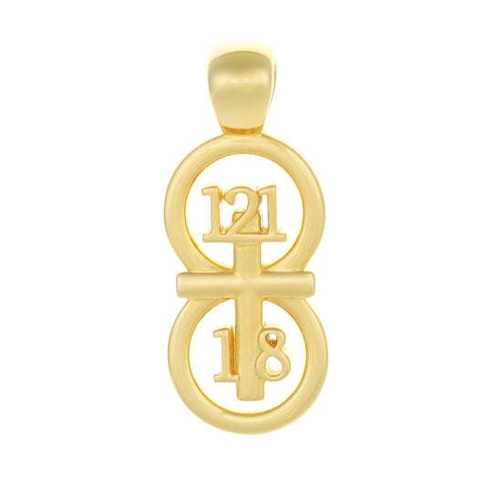 Closeup of our Gold pendant on white background.  The RIYAN 29 and 11® pendant has the numbers 121, 1, and 8 intertwined with the cross to represent Psalm 121:1-8 with the chapter word "Psalm" inscribed on the back.