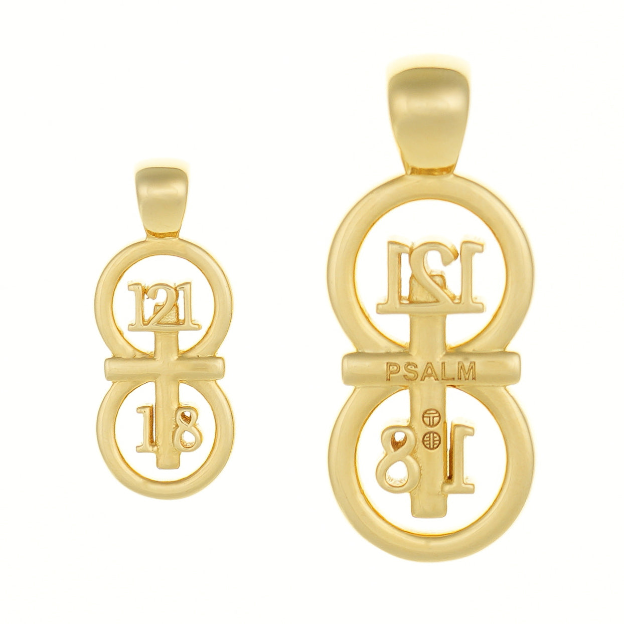 This image shows our small and large pendants side by side. This picture gives a good size comparison to each other. The RIYAN 29 and 11® pendant has the numbers 121, 1, and 8 intertwined with the cross to represent Psalm 121:1-8 with the chapter word "Psalm" inscribed on the back.