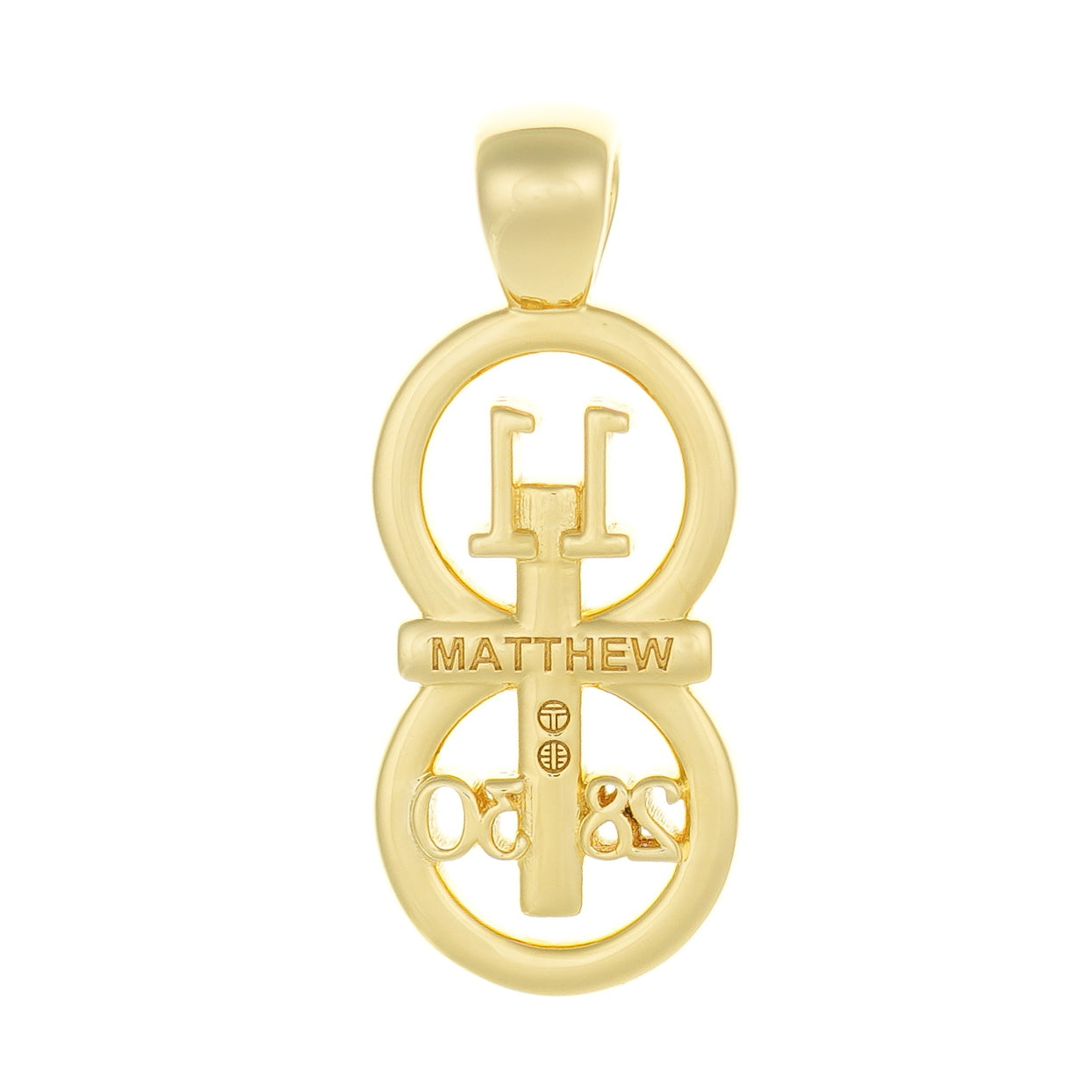 Back of the pendant shows the detail of the chapter name inscribed on the pendant and also the inscription of our logo tag so you know it is authentic. The RIYAN 29 and 11® pendant has the numbers 11, 28, and 30 intertwined with the cross to represent Matthew 11:28-30 with the chapter word "Matthew" inscribed on the back.