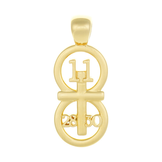 Gold pendant on white background.  The RIYAN 29 and 11® pendant has the numbers 11, 28, and 30 intertwined with the cross to represent Matthew 11:28-30 with the chapter word "Matthew" inscribed on the back.