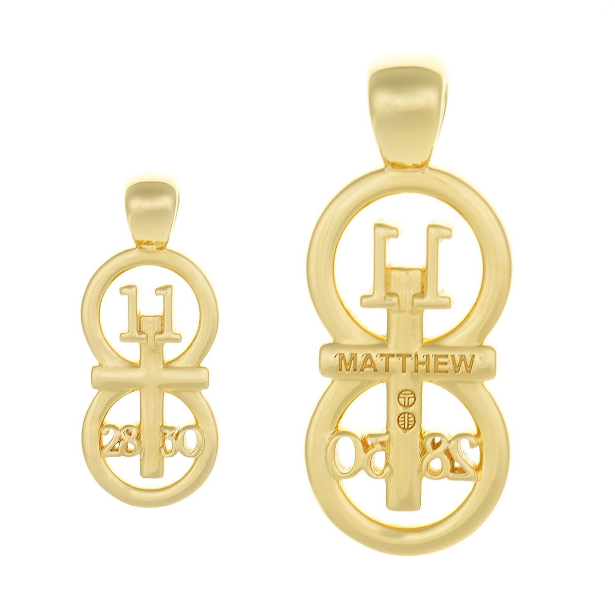 This image shows our small and large pendants side by side. This picture gives a good size comparance to each other. The RIYAN 29 and 11® pendant has the numbers 11, 28, and 30 intertwined with the cross to represent Matthew 11:28-30 with the chapter word "Matthew" inscribed on the back.