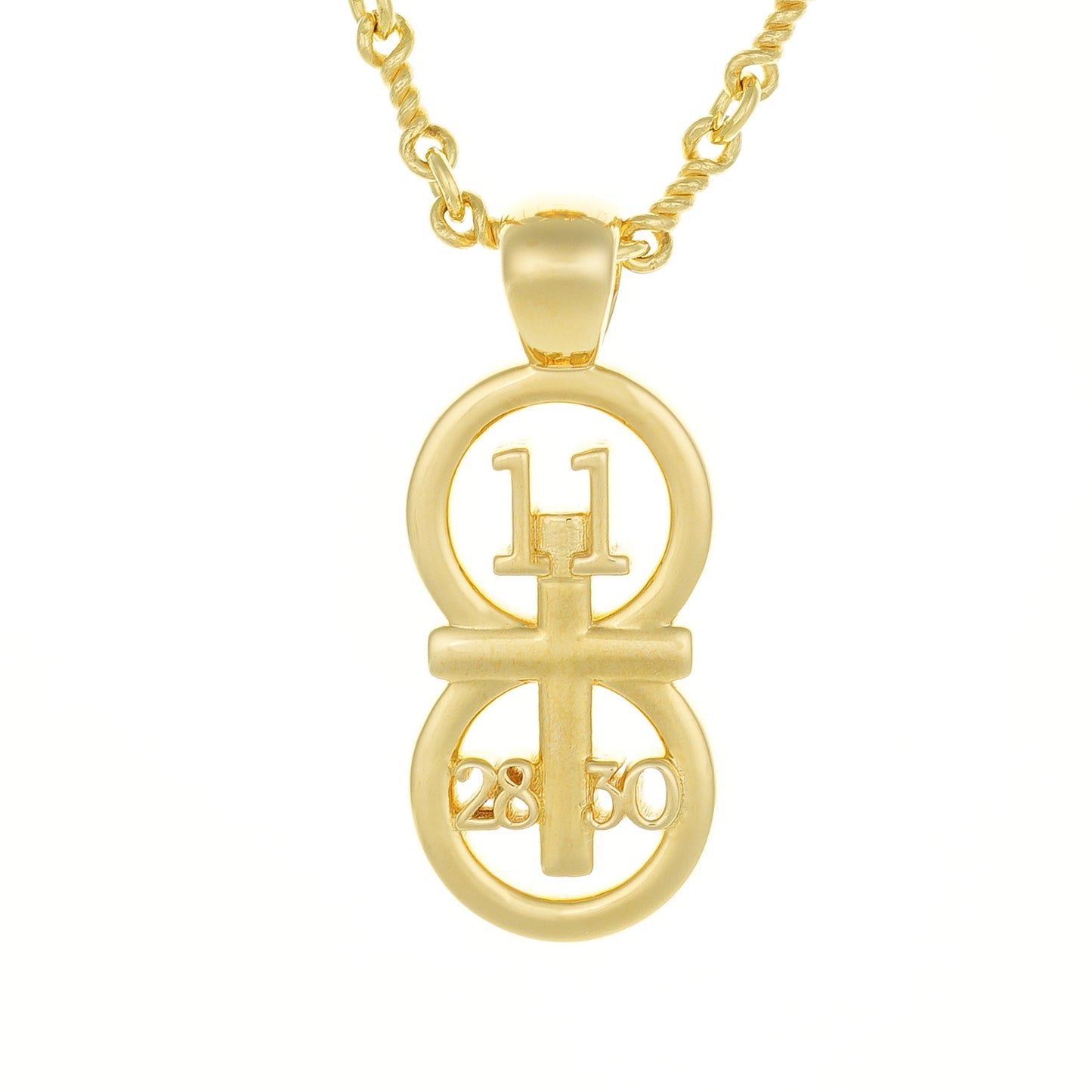 Our gold large pendant displayed on a white background with our 14k gold filled Rolo chain.  The RIYAN 29 and 11® pendant has the numbers 11, 28, and 30 intertwined with the cross to represent Matthew 11:28-30 with the chapter word "Matthew" inscribed on the back.