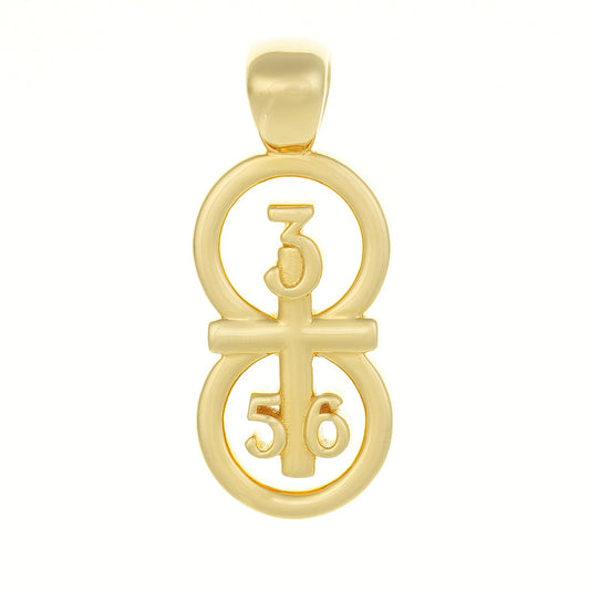 Closeup of our Gold pendant on white background.  Our 29 and 11® pendant has the numbers 3, 5, and 6 intertwined with the cross to represent Proverbs 3:5-6 with the chapter word "Proverbs" inscribed on the back.