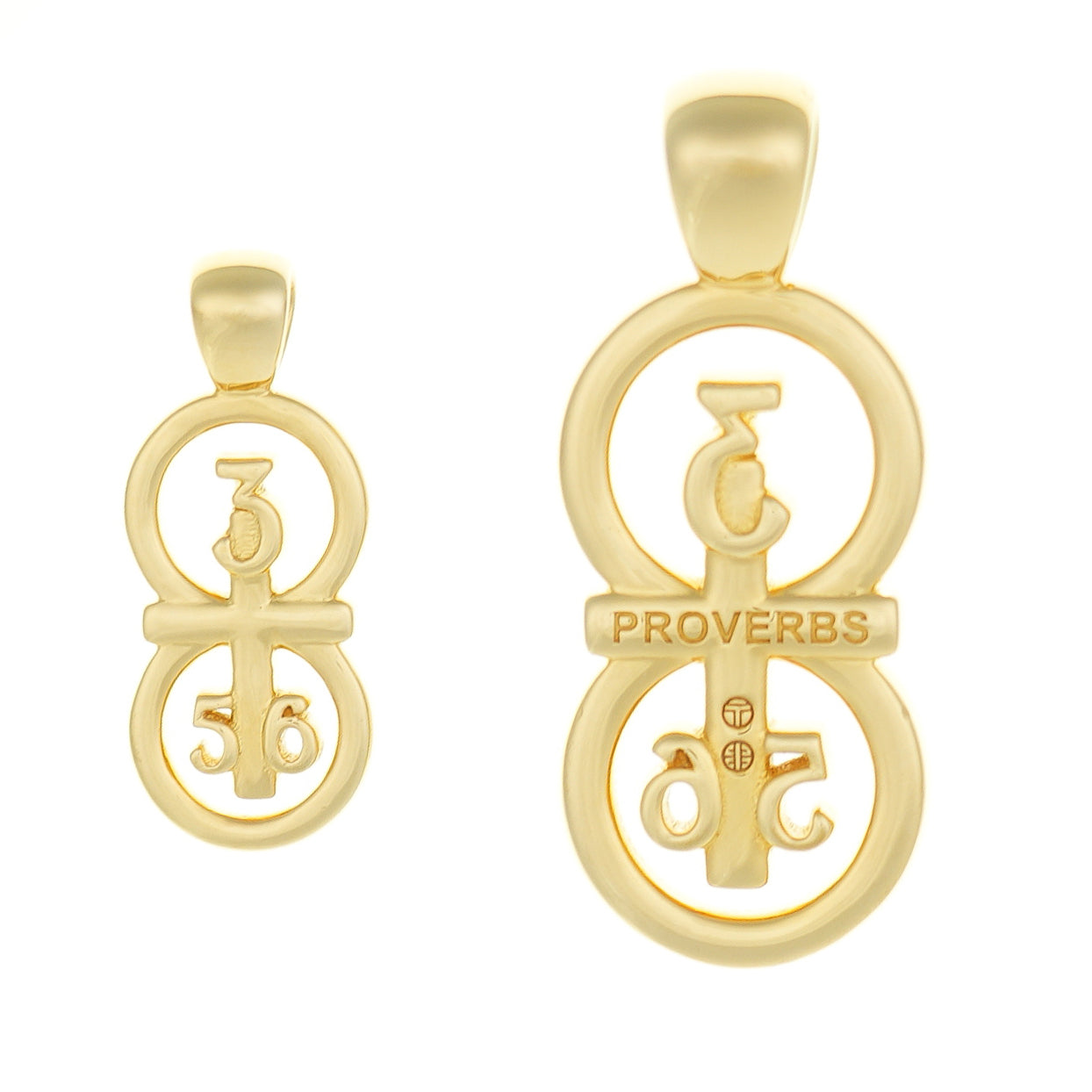This image shows our small and large pendants side by side. This picture gives a good size comparison to each other. Our 29 and 11® pendant has the numbers 3, 5, and 6 intertwined with the cross to represent Proverbs 3:5-6 with the chapter word "Proverbs" inscribed on the back.
