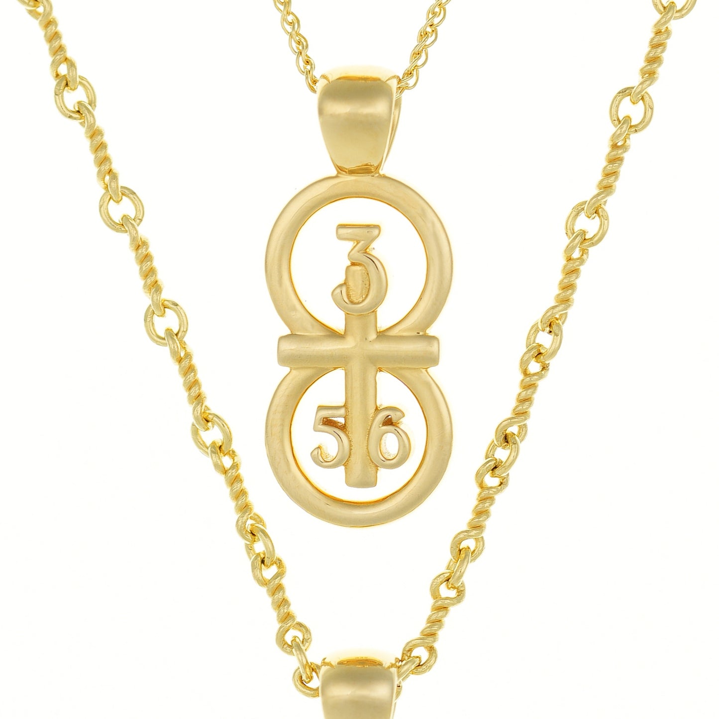 This picture displays our large pendant on our 14k gold filled satellite chain.  Our RIYAN 29 and 11® pendant has the numbers 3, 5, and 6 intertwined with the cross to represent Proverbs 3:5-6 with the chapter word "Proverbs" inscribed on the back.