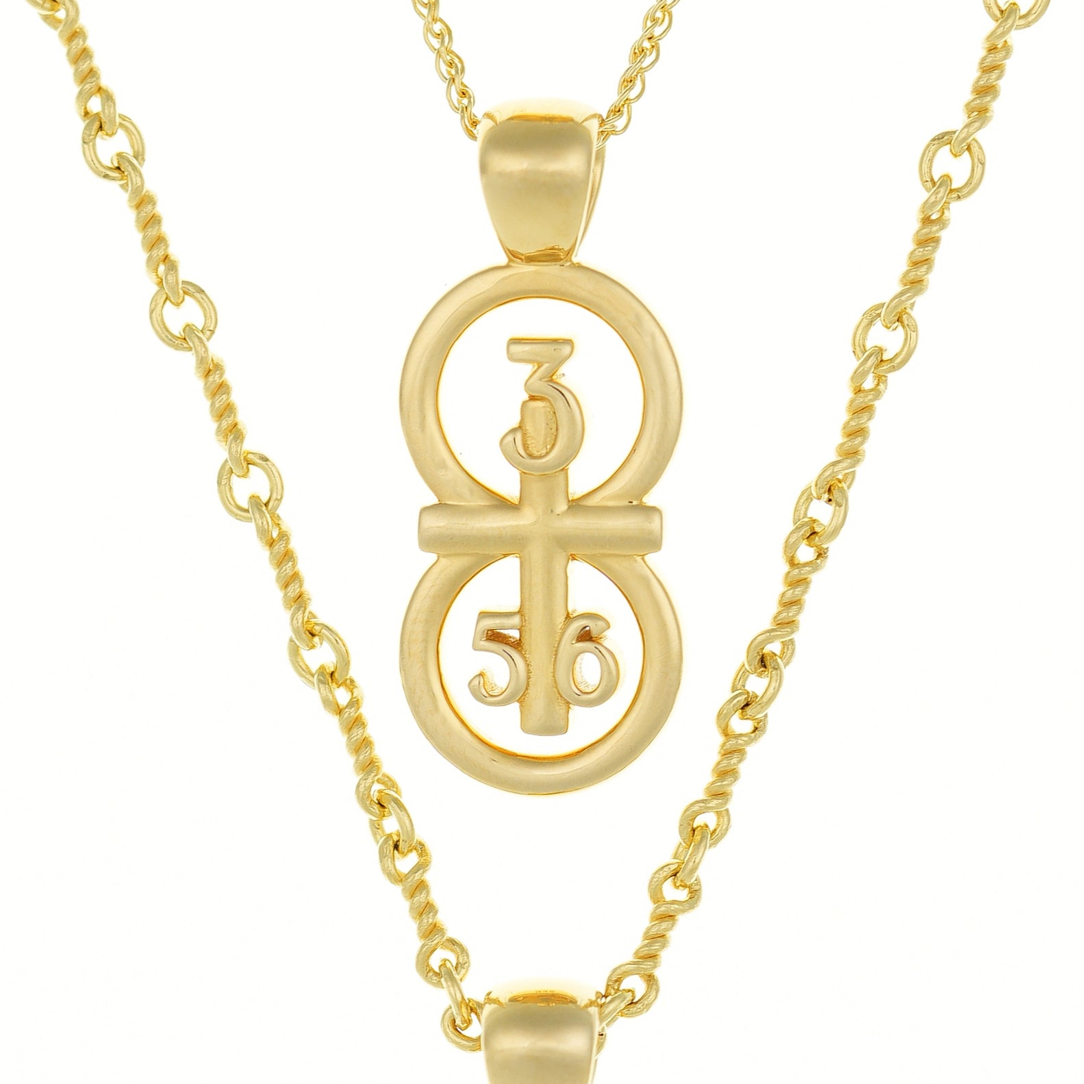 This picture displays our large pendant on our 14k gold filled satellite chain.  Our RIYAN 29 and 11® pendant has the numbers 3, 5, and 6 intertwined with the cross to represent Proverbs 3:5-6 with the chapter word "Proverbs" inscribed on the back.
