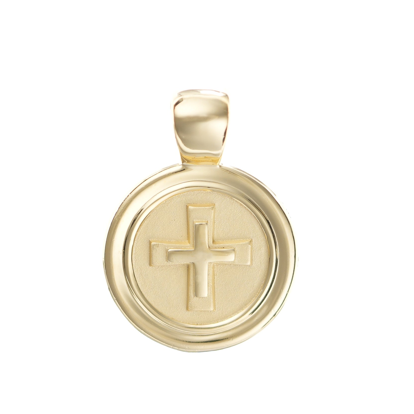 This is a closeup picture of the flip side of the WYIT pendant.  This side has a two tiered raised cross and the back of the pendant is sand blasted to highlight the shine of the cross.